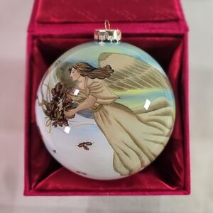 Figi Ornament Extra Large Hand Painted Angel Snow Cabin Glass Christmas 5 in.